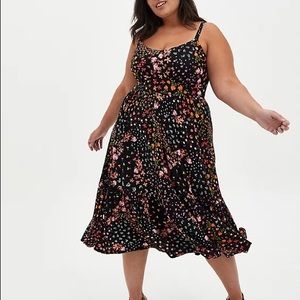 Torrid Black Floral Tiered Midi Skater Dress sz 0